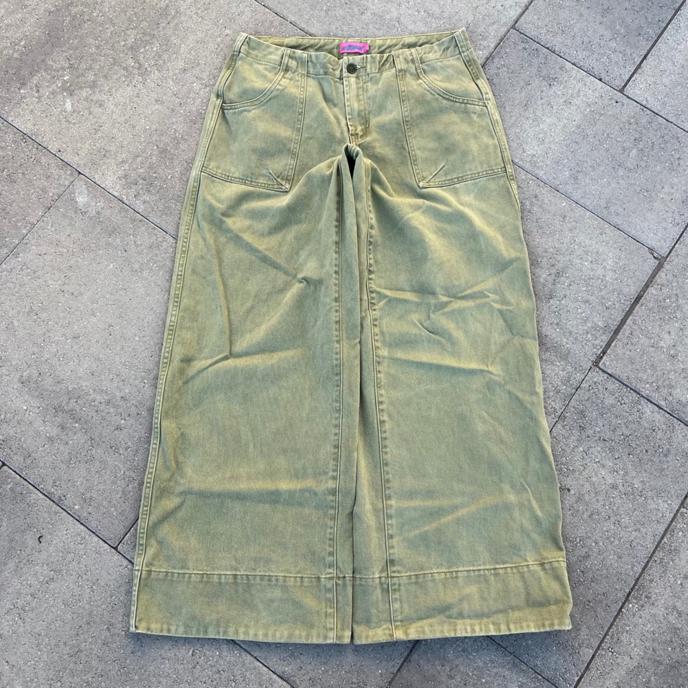 UNIF Wide Leg Pants Faded Olive Green Twill Utility Trousers 33x30